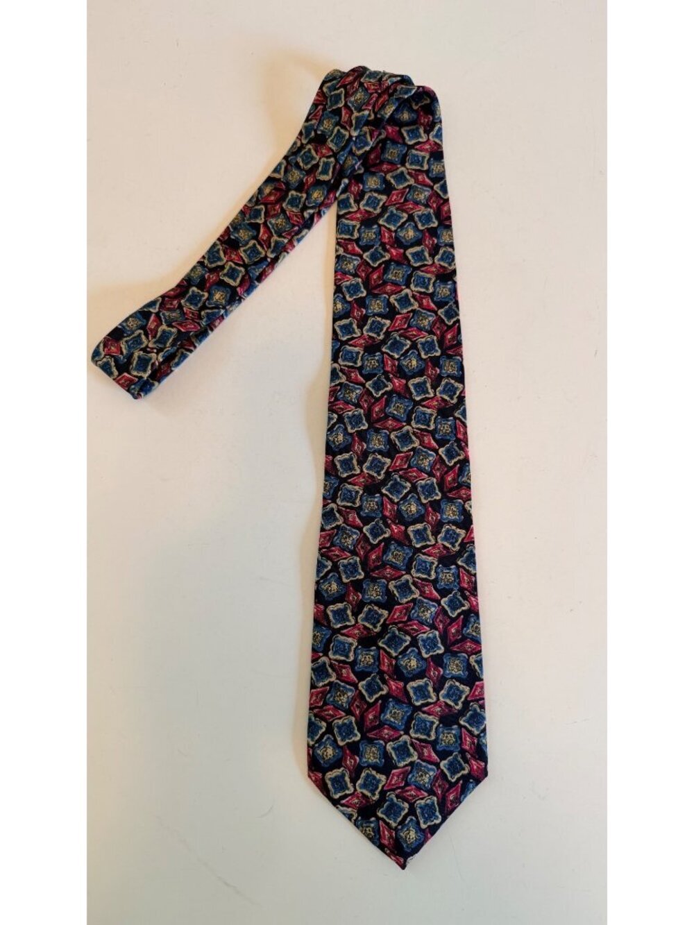 Vintage Monsieur Givenchy Silk Tie Vintage Blue & Red Geometric Pattern USA Made